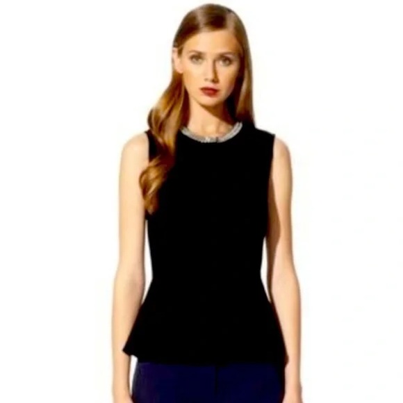 Phillip Lim Front Zip Peplum Beaded Collar Rhinestone Blouse Black Size S - Picture 3 of 11